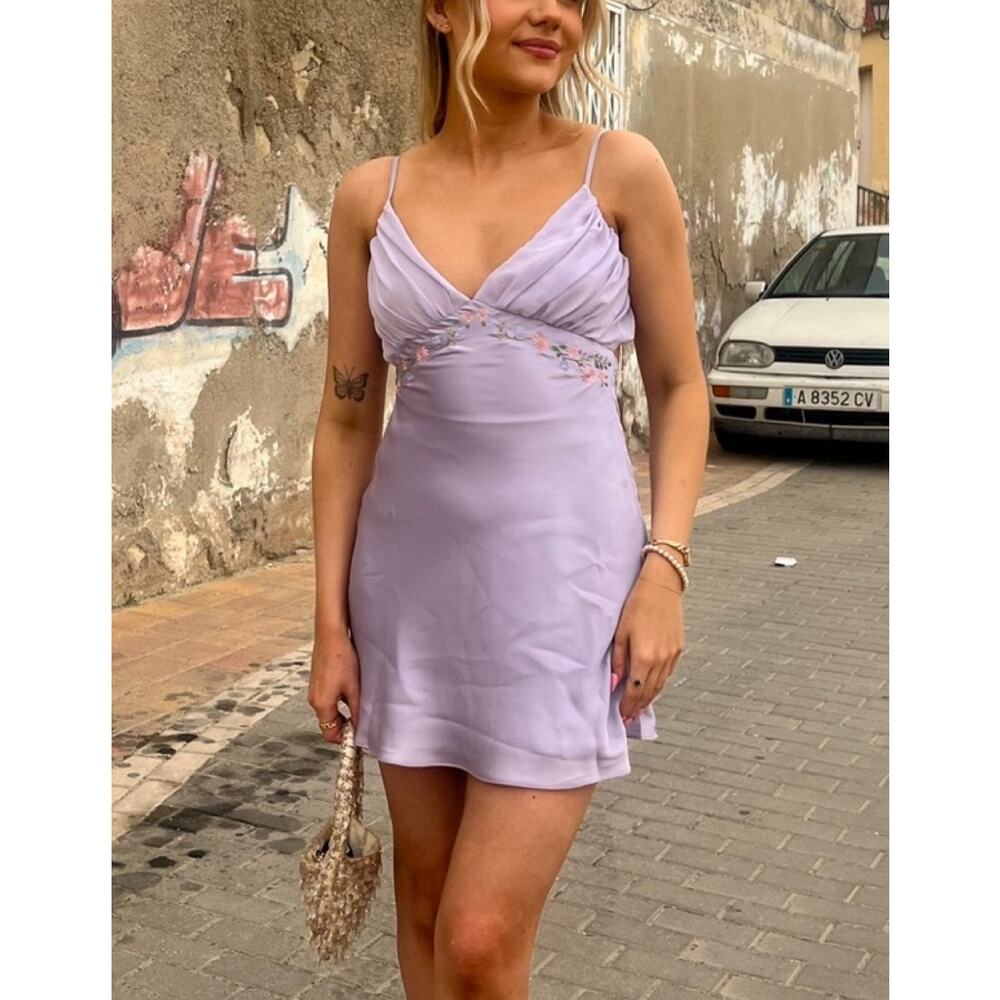 House of CB Christa Embroidered Lavender Mini Dress Size XS Extra Small